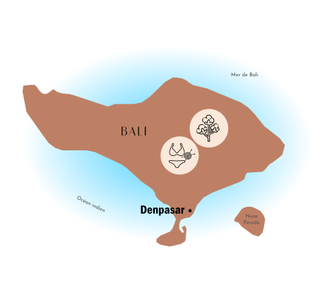 Carte de Bali et des sites de fabrication (cueillette du coton et tricotage).